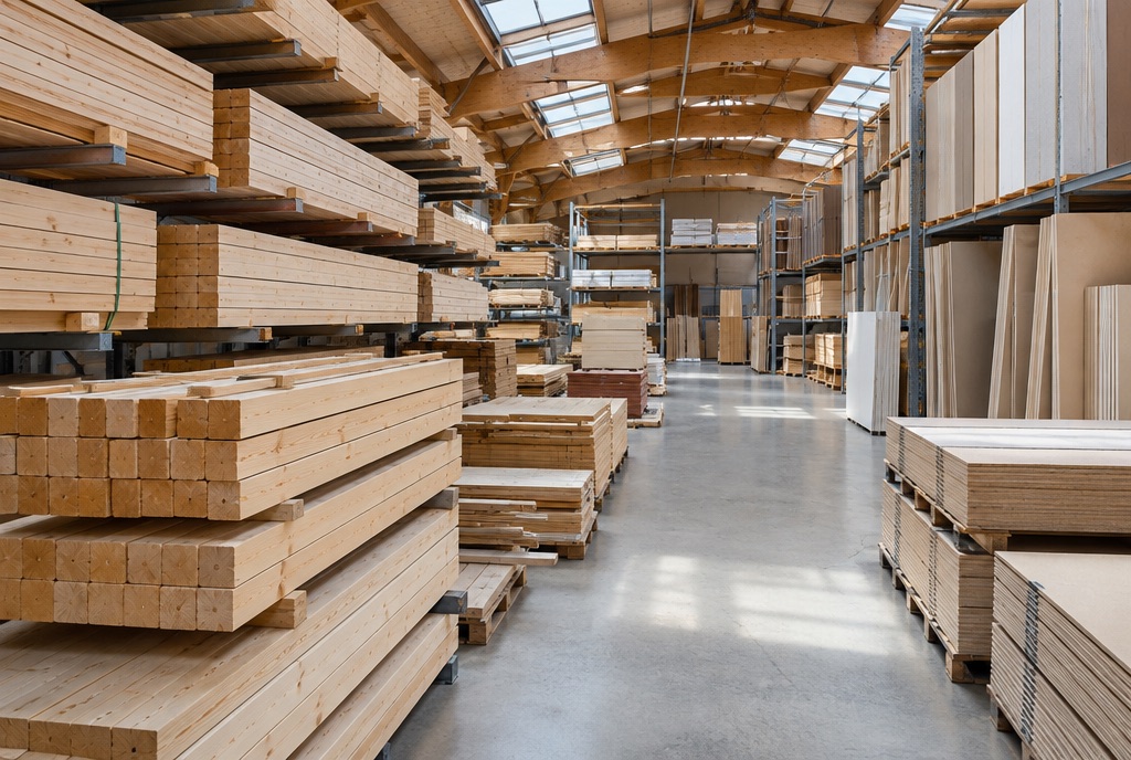 Rekken met timmerhout en plaatmateriaal