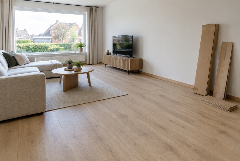 Woonkamer met een lichte laminaatvloer
